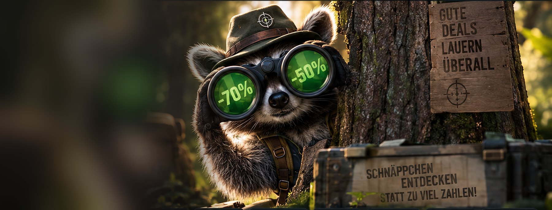Das Fehler-Jagd Maskottchen sucht mit dem Fernglas nach Preisfehlern – im Blick zwei Rabatte von 70 und 50 Prozent